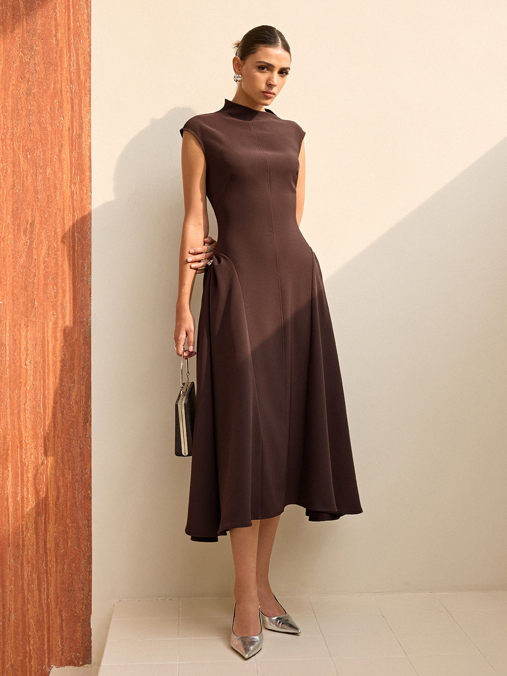 Asymmetric Neck Maxi Dress in Dark Brown — Svelte Chic