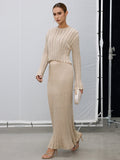 Glitter Stripe Knit Top and Maxi Skirt Set in Khaki — Svelte Chic