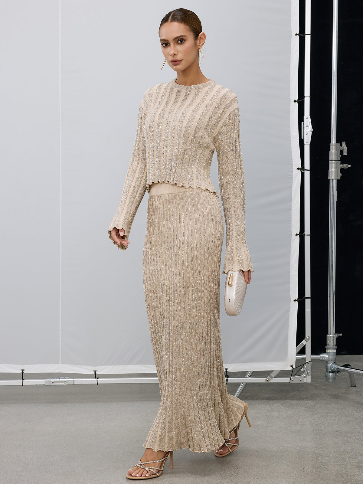 Glitter Stripe Knit Top and Maxi Skirt Set in Khaki — Svelte Chic