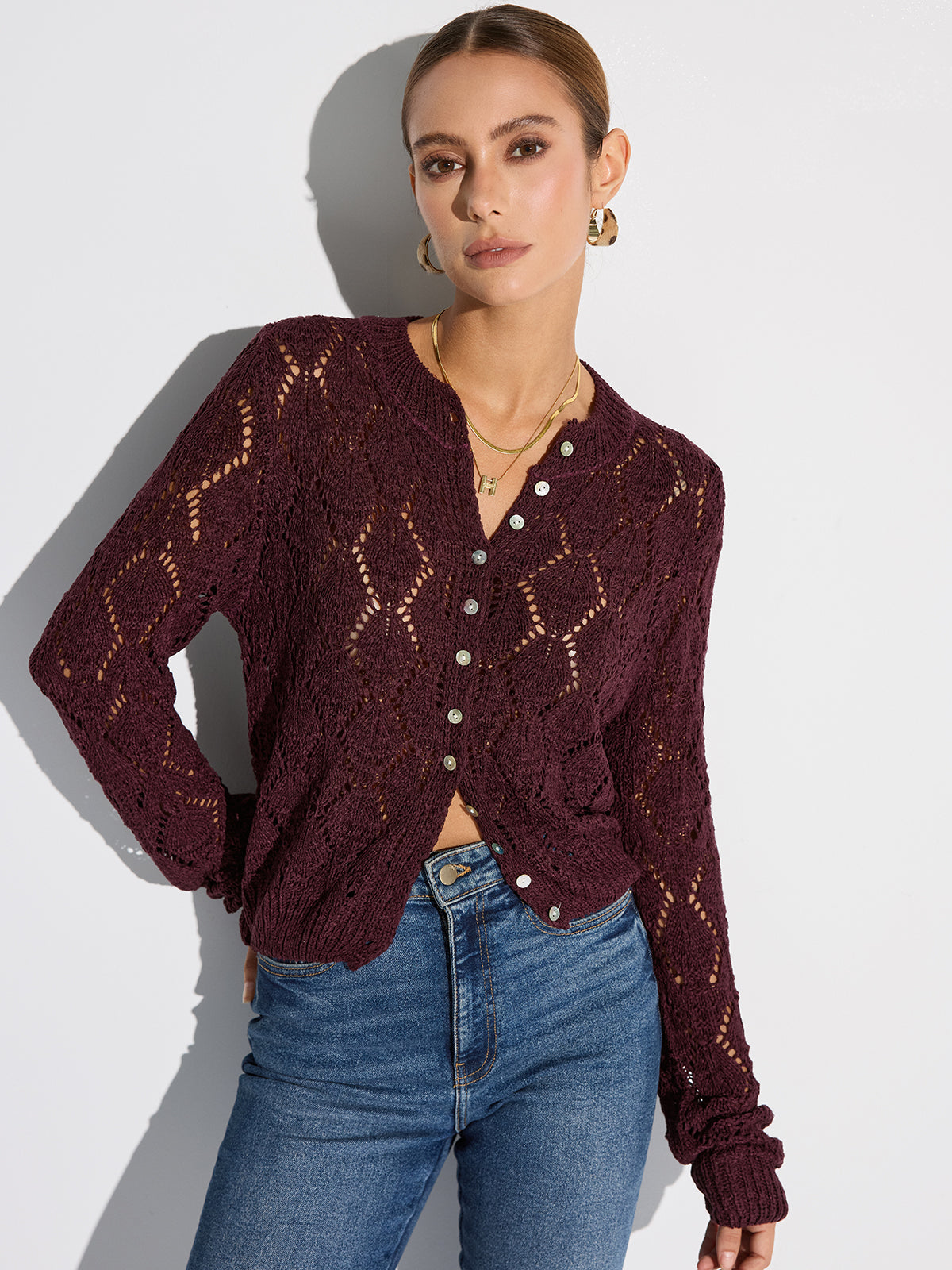 Openwork Cotton Knit Cardigan in Burgundy — Svelte Chic