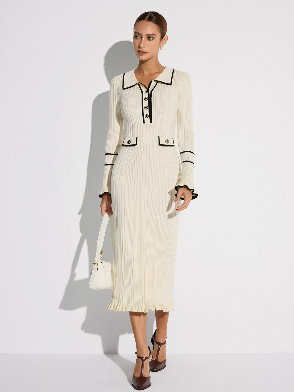 Contrast Stitch Button Knit Maxi Dress in Off-White — Svelte Chic