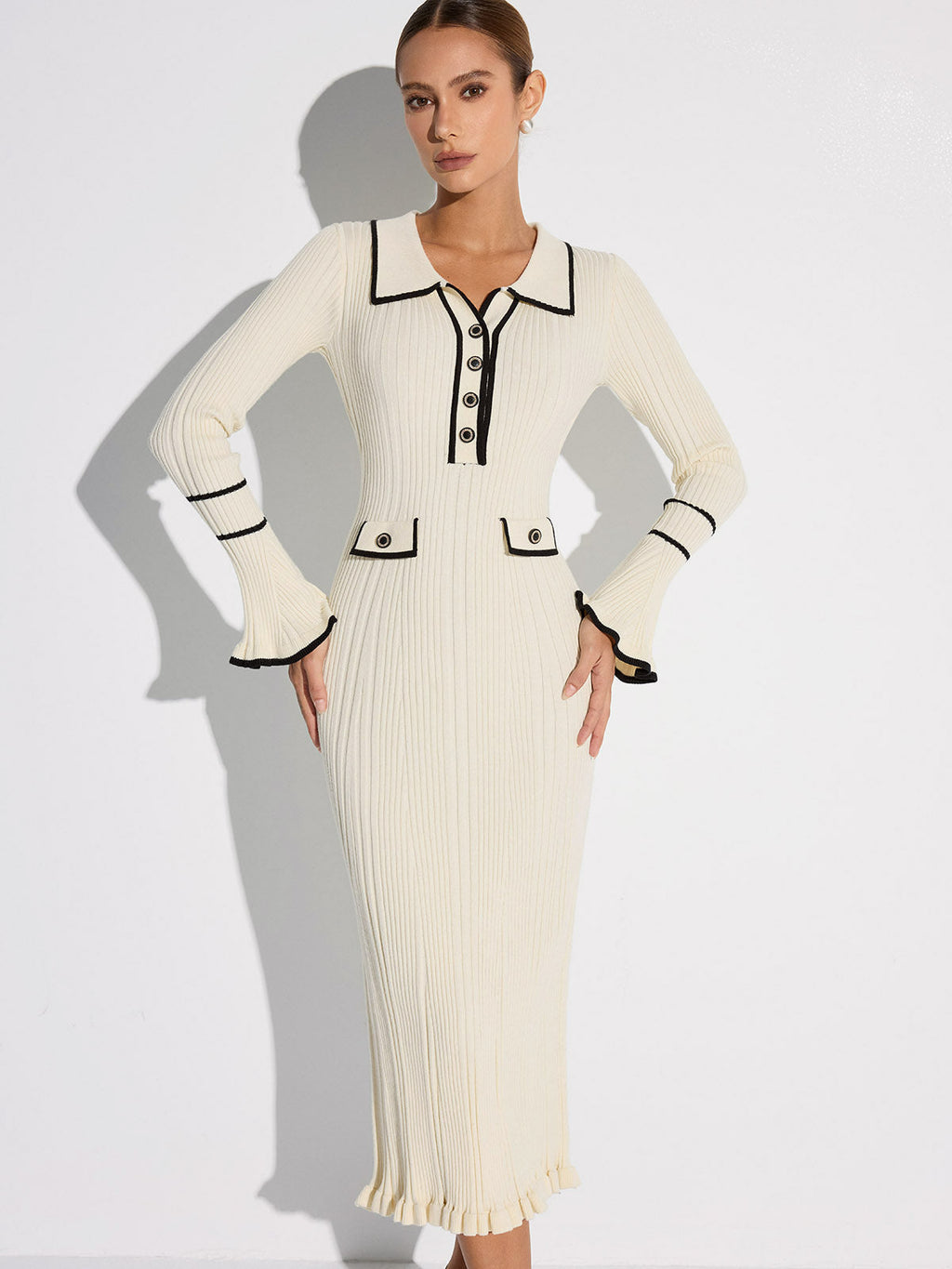 Contrast Stitch Button Knit Maxi Dress — Svelte Chic