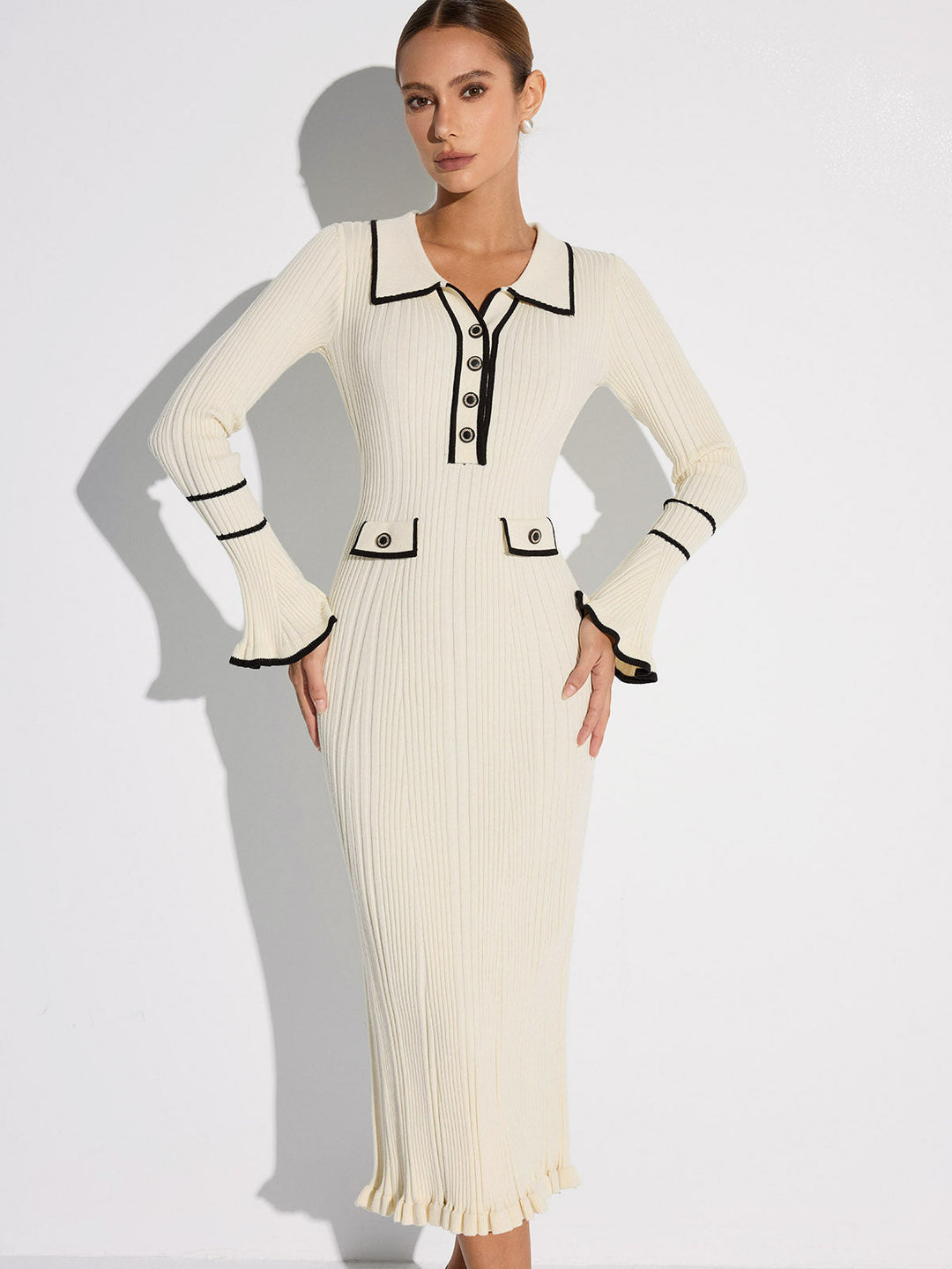 Kontrast Dikişli Düğmeli Kısbağlamalı Triko Elbise