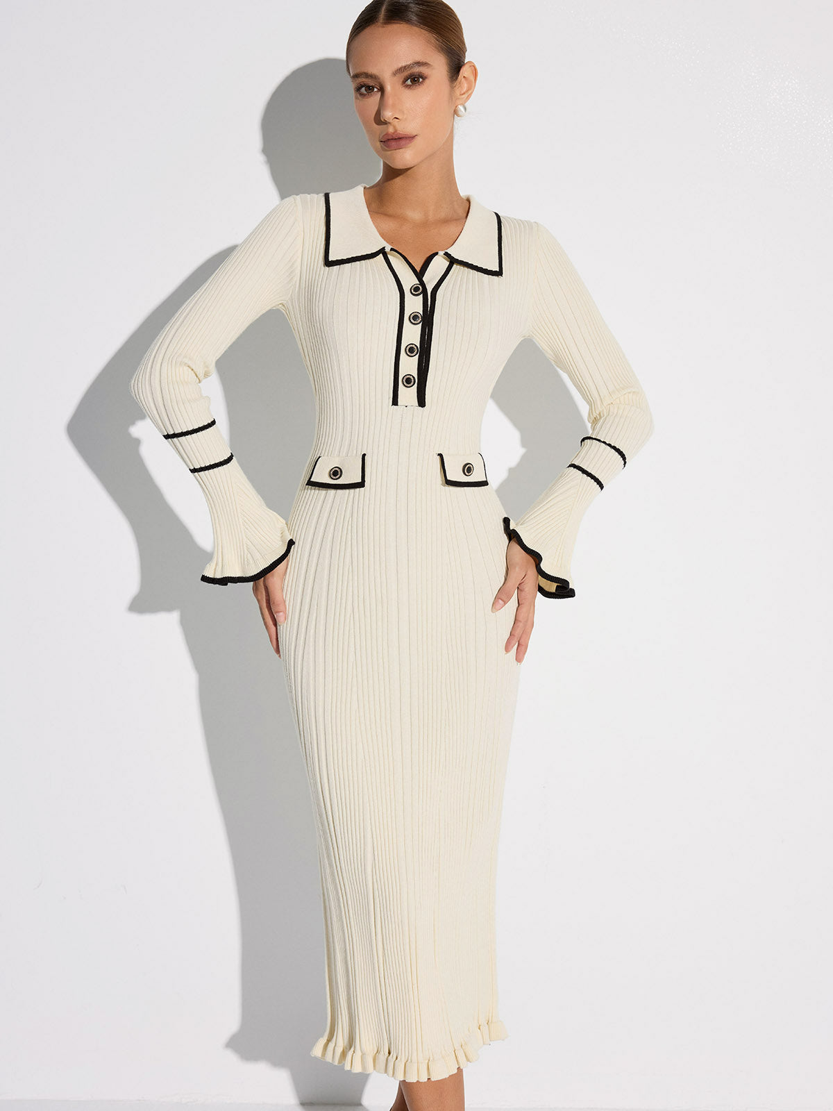 Contrast Stitch Button Knit Maxi Dress — Svelte Chic