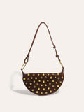 Studded Suede Half Moon Shoulder Bag in Dark Brown — Svelte Chic
