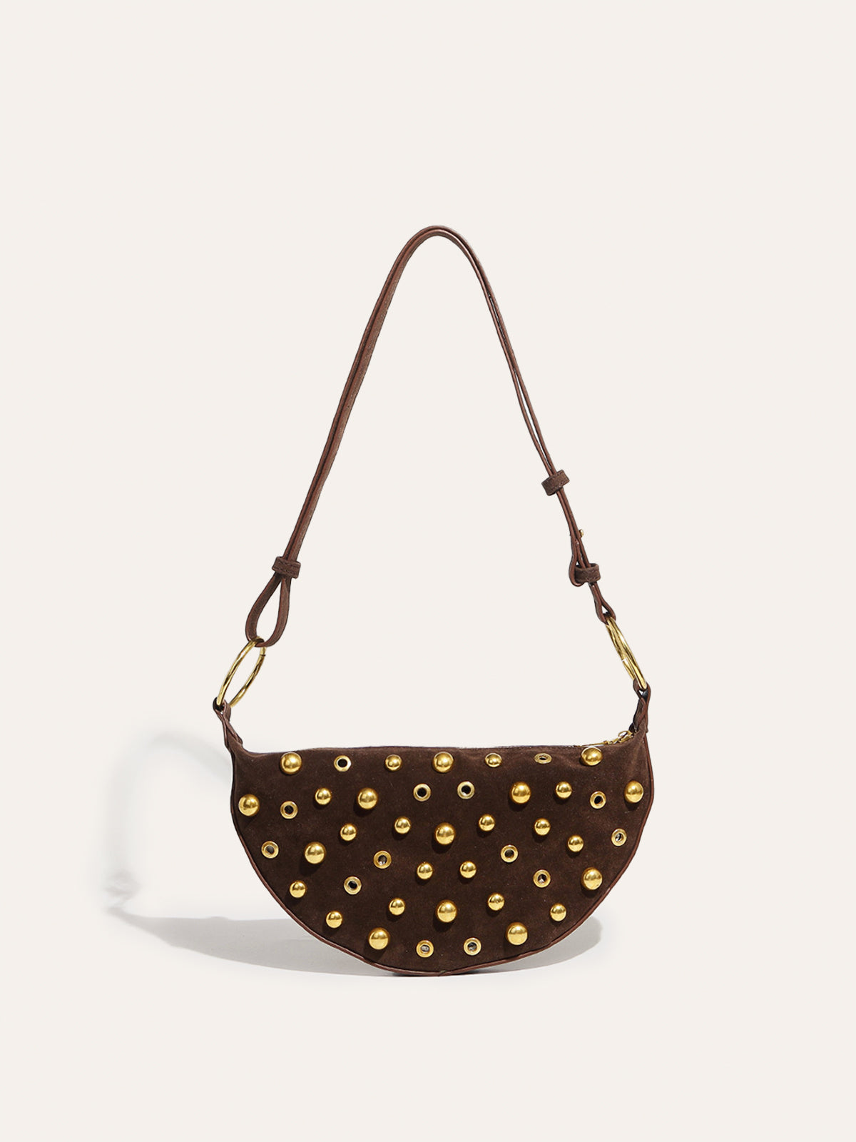 Studded Suede Half Moon Shoulder Bag in Dark Brown — Svelte Chic