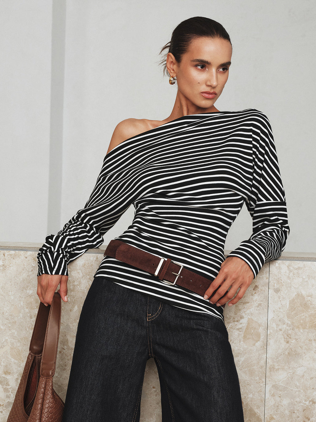 Striped Asymmetric One Shoulder Top in Black — Svelte Chic