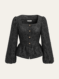 Textured Puff Sleeve Peplum Blouse in Black — Svelte Chic