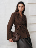 Belted Suede Effect Jacket in Dark Brown — Svelte Chic
