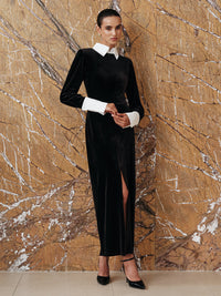 Дълга кадифена рокля с контрастни панели и разкъсани крачоли