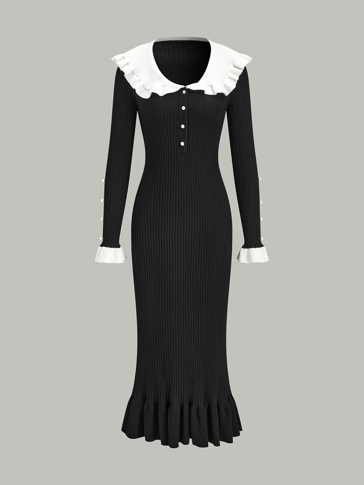 Kontrast Düğümlü Yaka Penye Midi Elbise