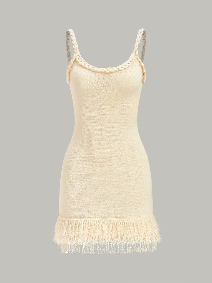 Örgülü İp Kayışı Püsküllü Etekli Kazak Elbise