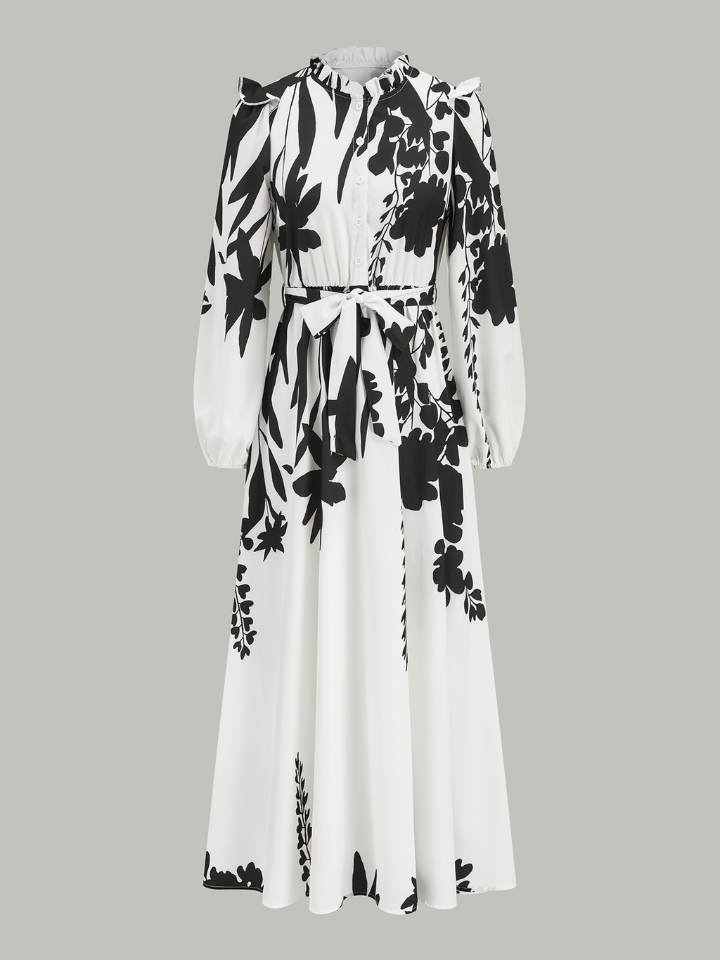 Ruffle Neck Belted Floral Maxi Dress in Black & White — Svelte Chic