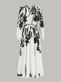 Ruffle Neck Belted Floral Maxi Dress in Black & White — Svelte Chic