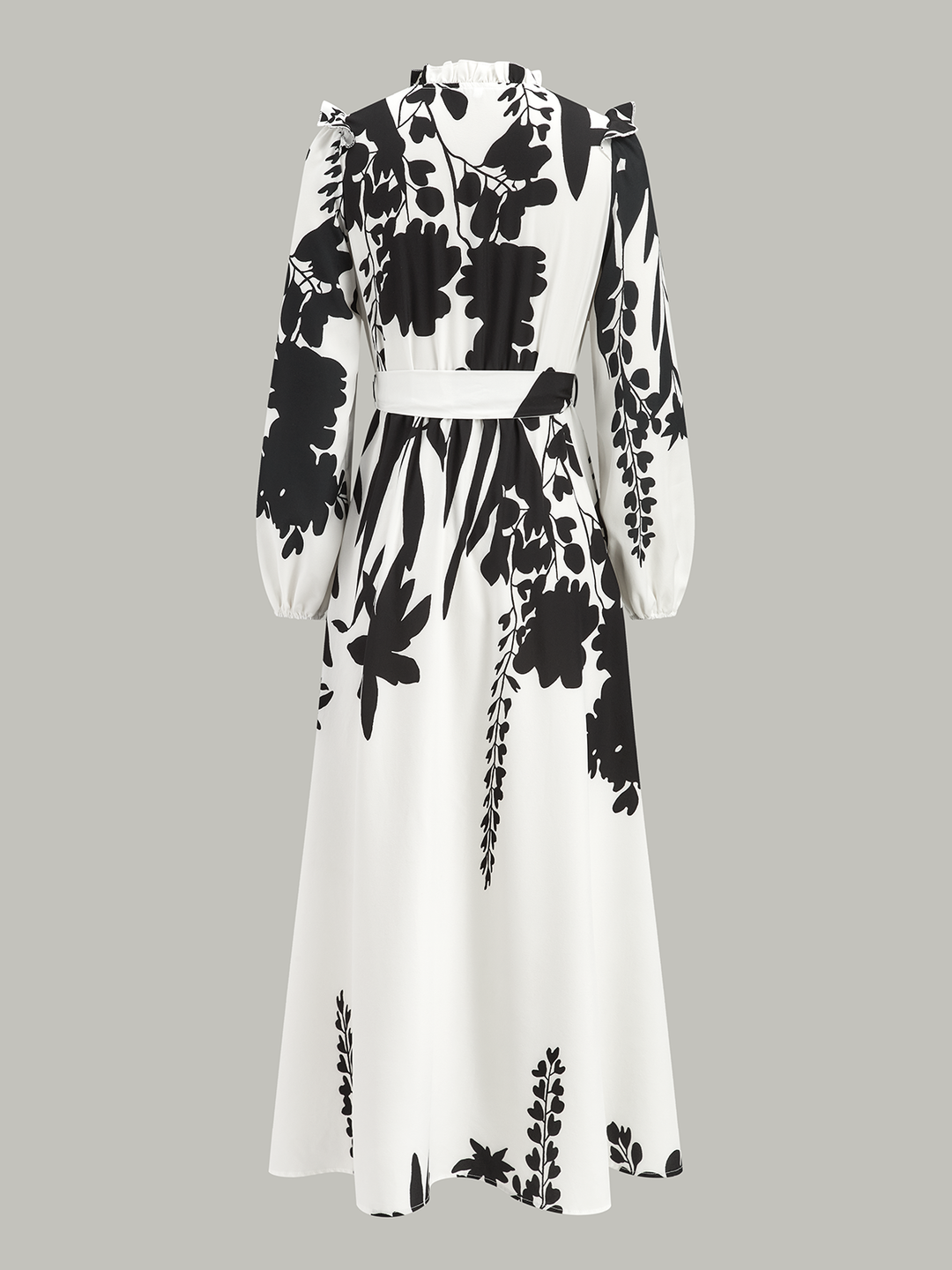 Макси рокля с флорален принт и колан с воланчета