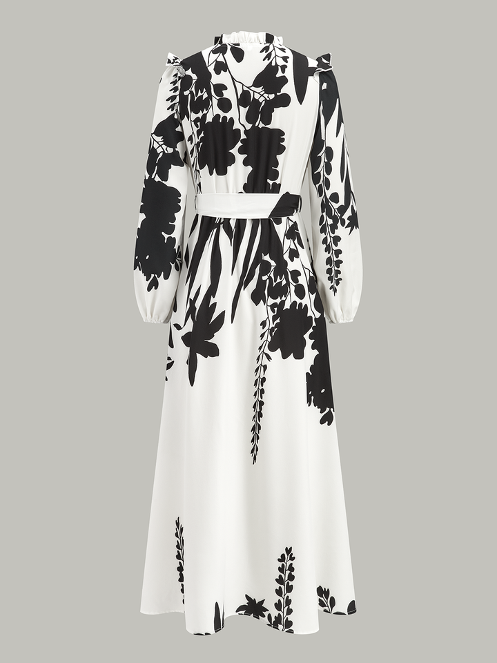 Макси рокля с флорален принт и колан с воланчета