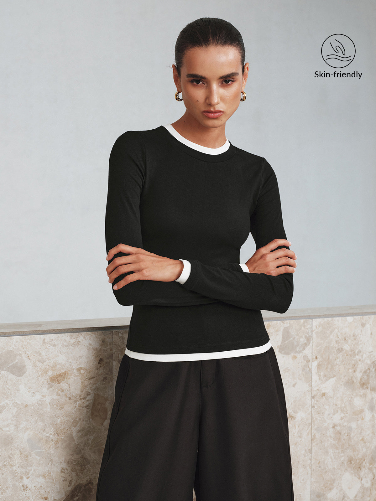 Contrast Stitch Long Sleeve Top in Black — Svelte Chic