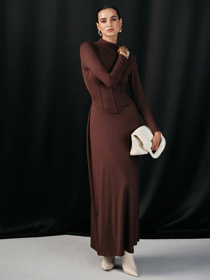 Yüksek Yaka Korse Bel Uzun Kollu Maksi Elbise