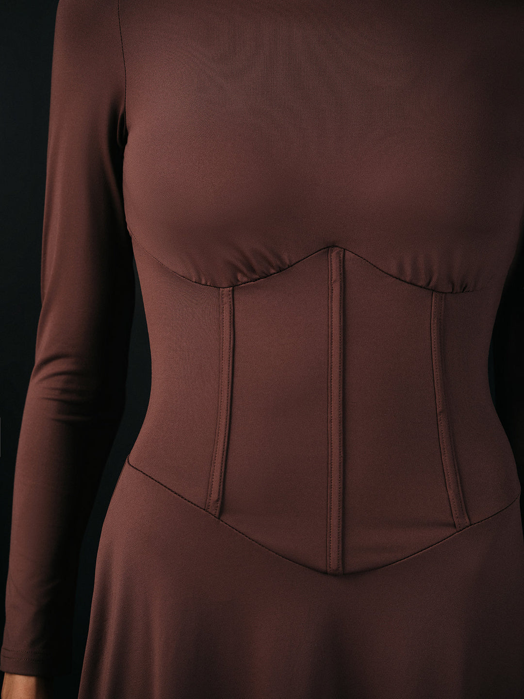 Yüksek Yaka Korse Bel Uzun Kollu Maksi Elbise