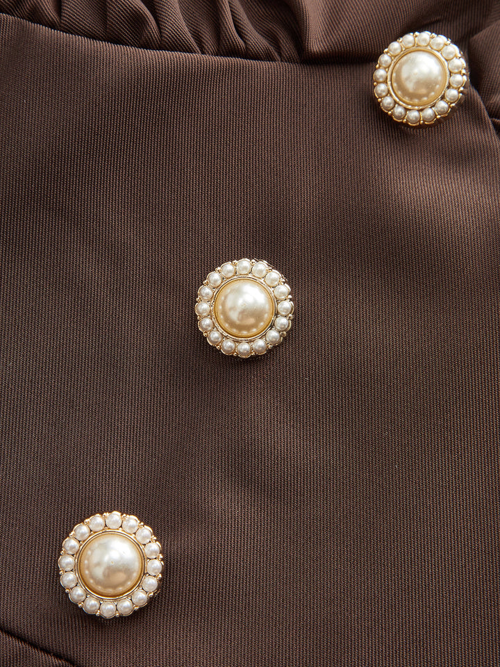 V Yaka Döktuçe Yüksek Kol Düğmeli Dar Elbise