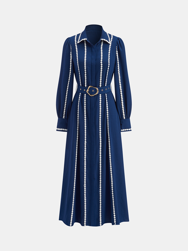 Kontrast Dantelli Kuşaklı Gömlek Elbise