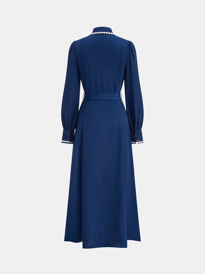 Kontrast Dantelli Kuşaklı Gömlek Elbise