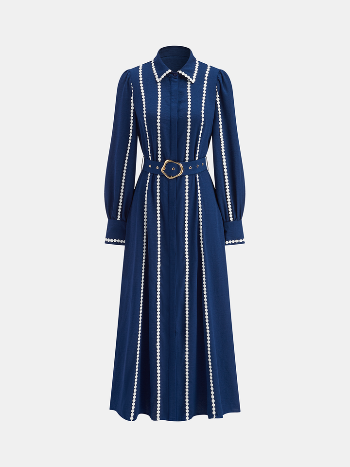 Kontrast Dantelli Kuşaklı Gömlek Elbise