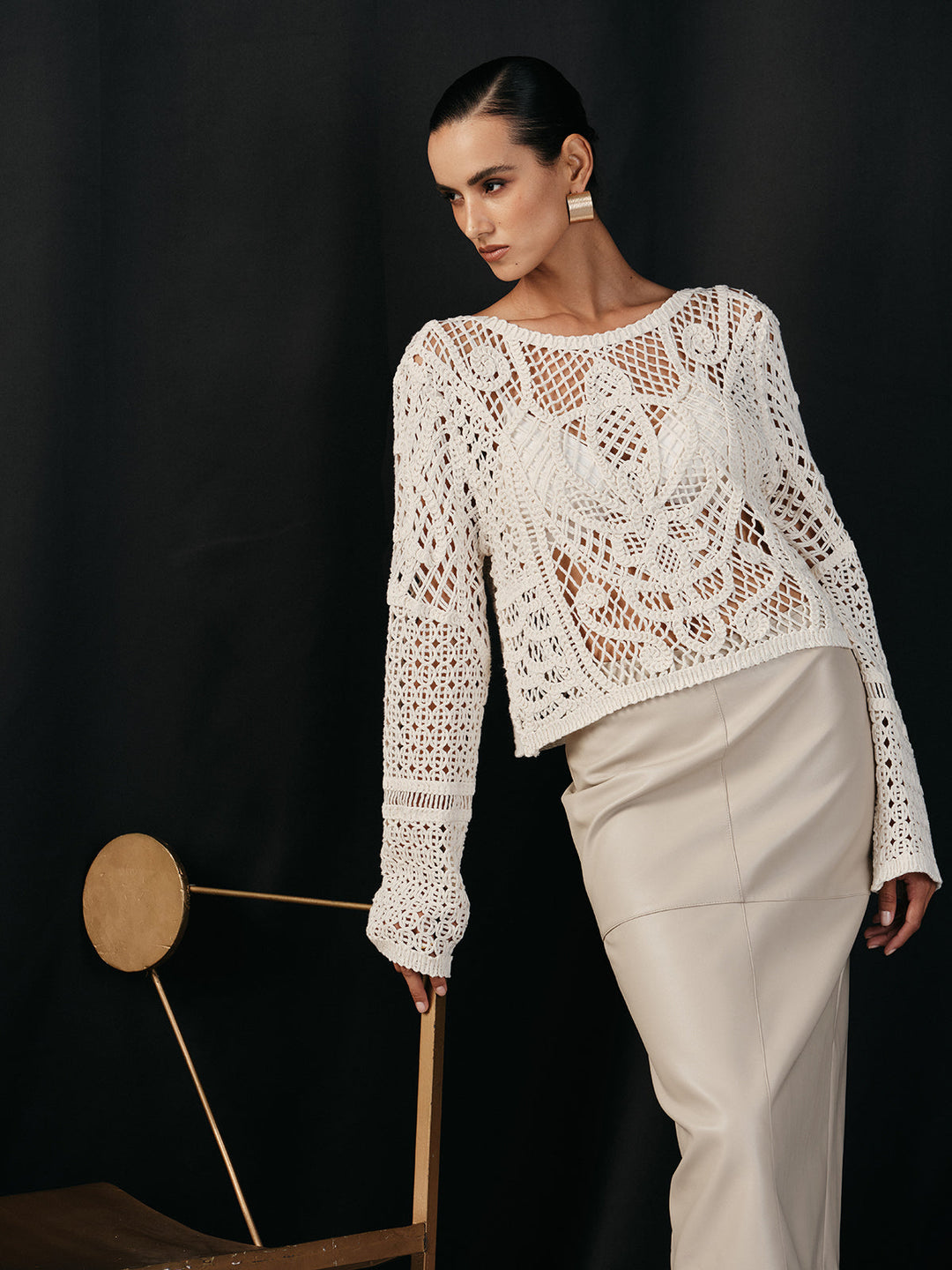 Pamuk Tığ İşlemeli Uzun Kollu Örgü Bluz