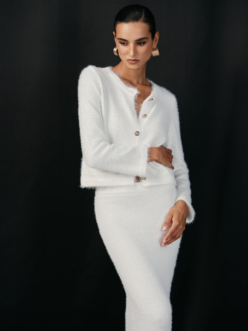 Brushed Metal Button Cardigan and Skirt Set — Svelte Chic