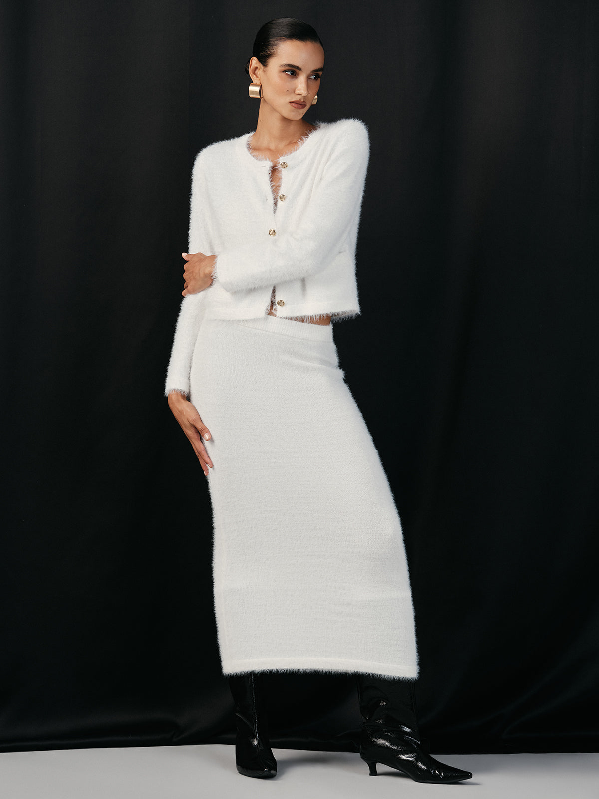 Brushed Metal Button Cardigan and Skirt Set — Svelte Chic