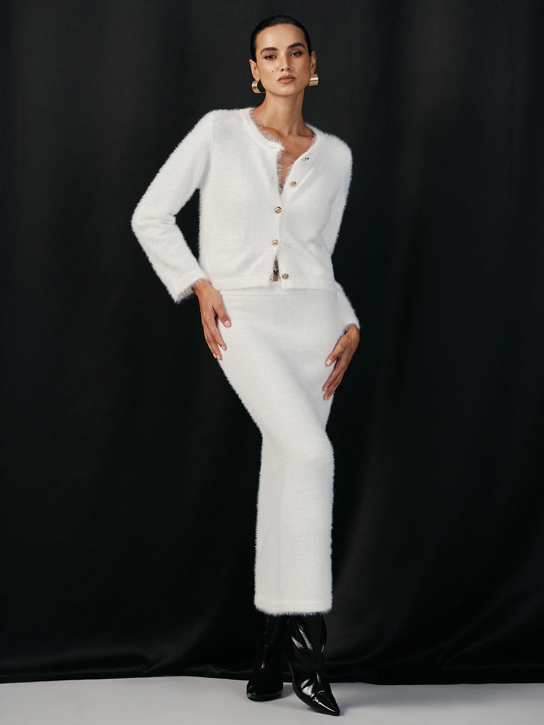 Füslü Metal Düğmeli Hırka ve Etek Takımı