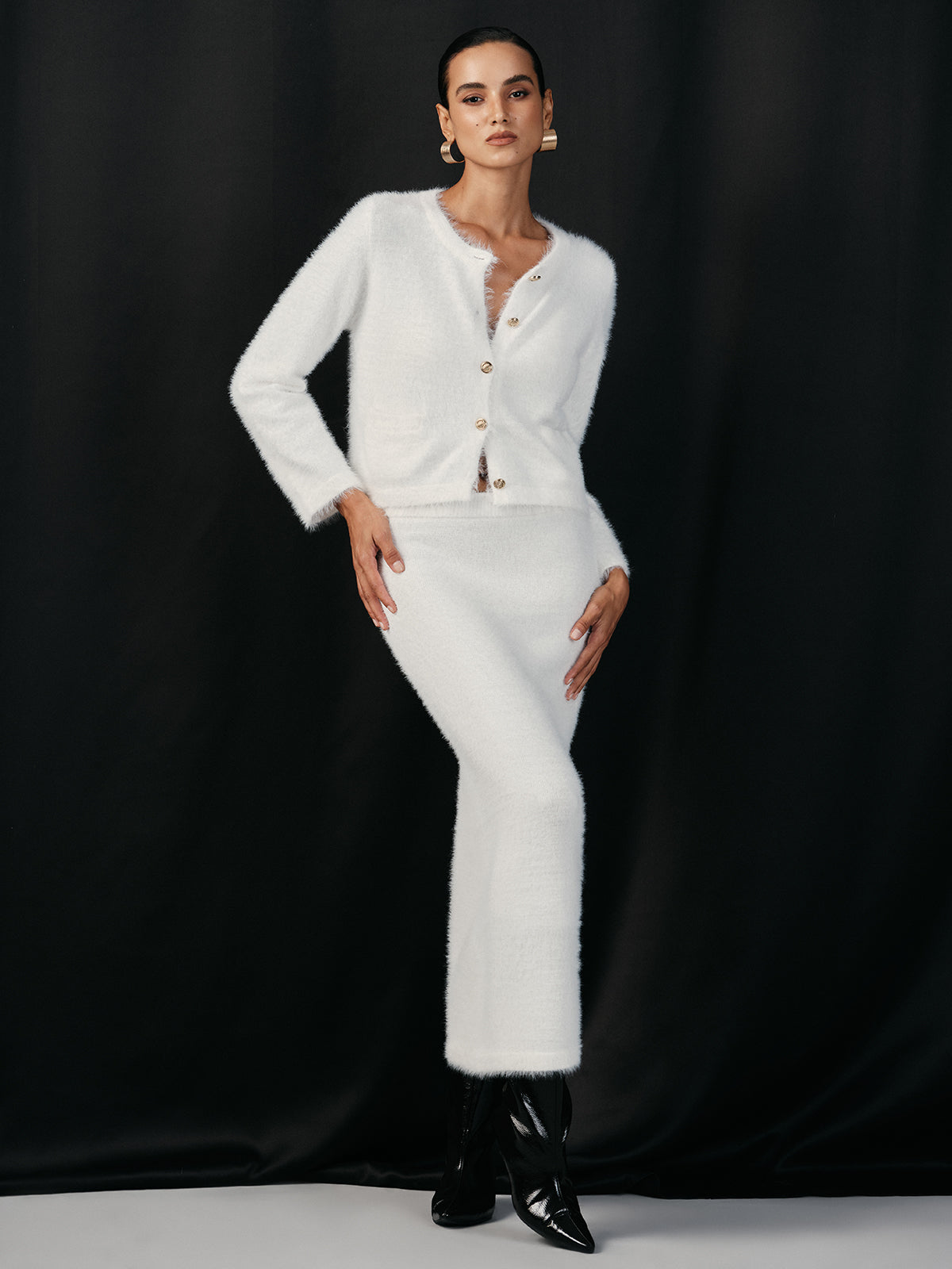 Brushed Metal Button Cardigan and Skirt Set — Svelte Chic