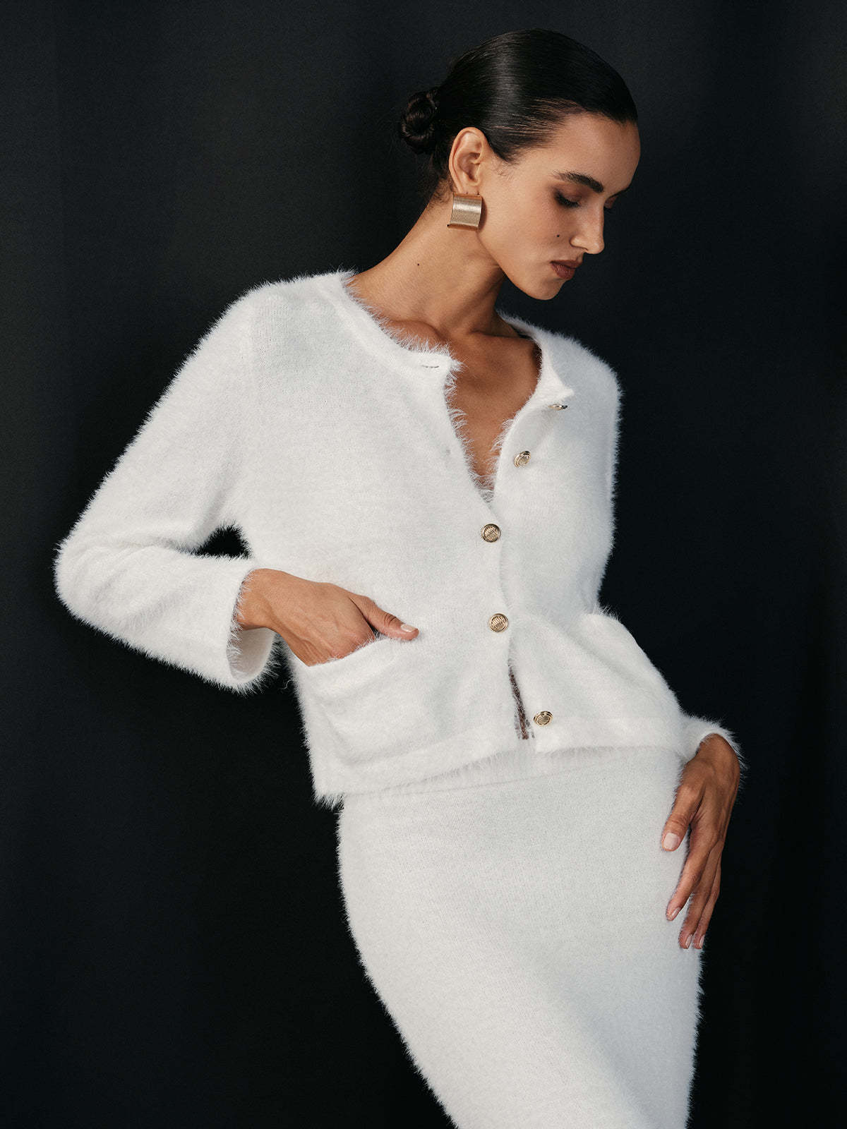 Brushed Metal Button Cardigan and Skirt Set — Svelte Chic