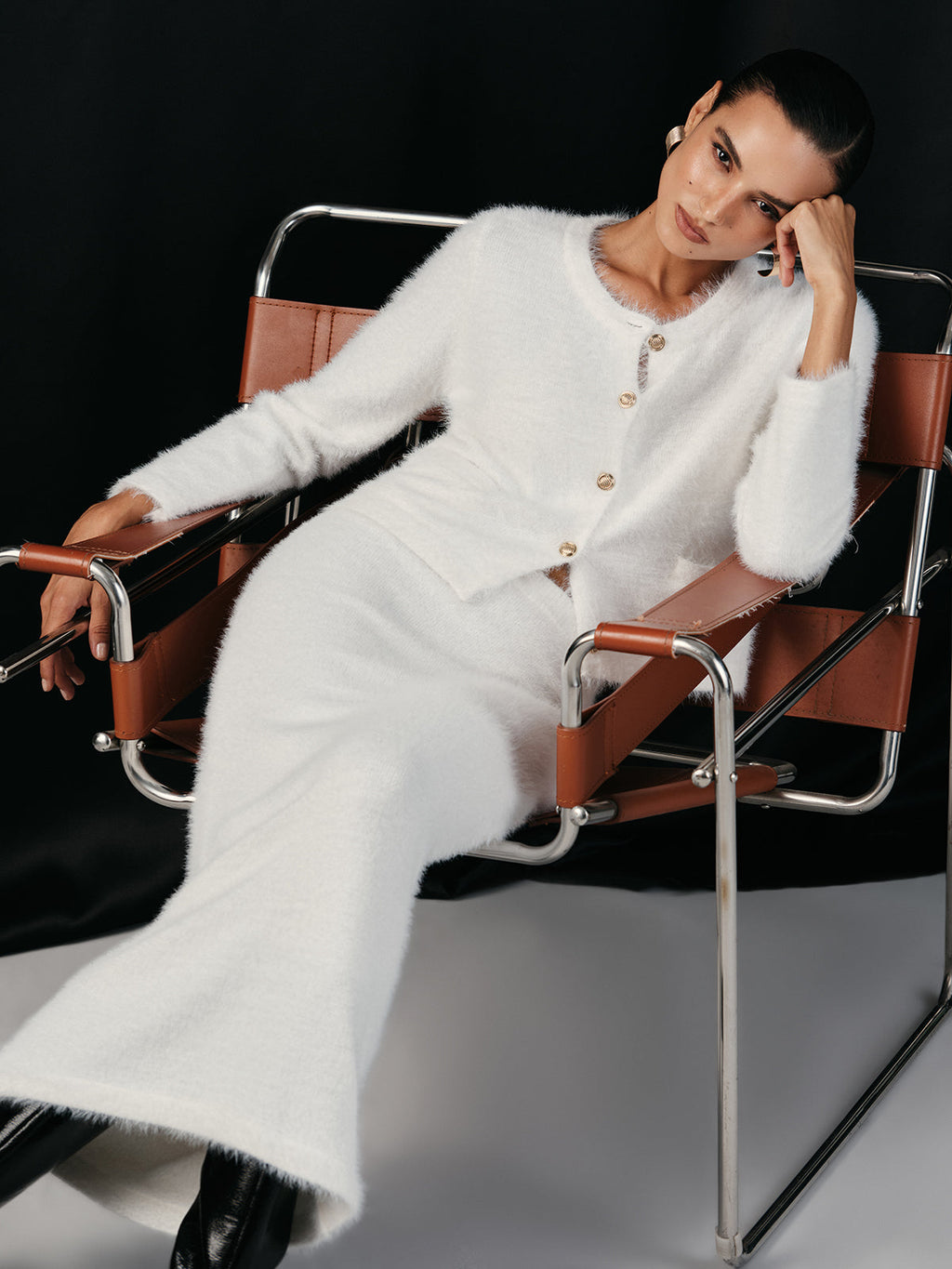 Brushed Metal Button Cardigan and Skirt Set in White — Svelte Chic