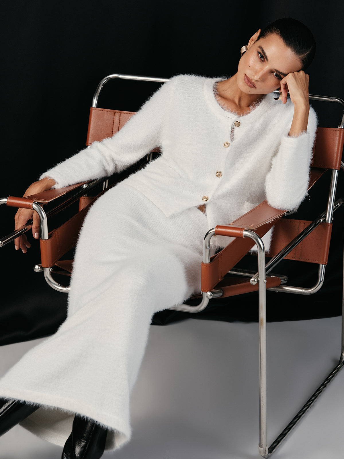 Brushed Metal Button Cardigan and Skirt Set in White — Svelte Chic