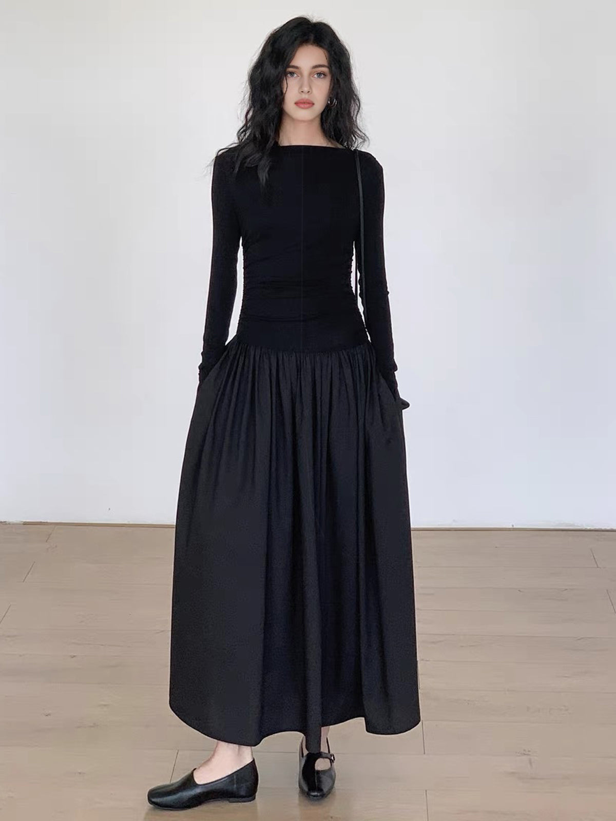 Pleated Boat Neck Midi Dress in Black — Svelte Chic