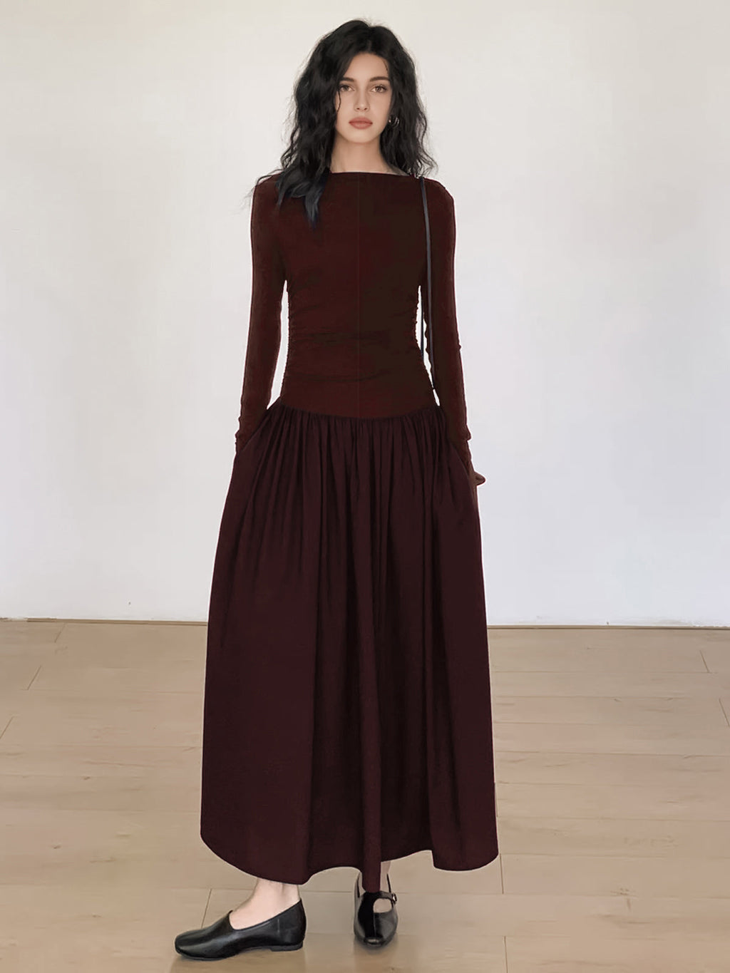 Pleated Boat Neck Midi Dress in Burgundy — Svelte Chic