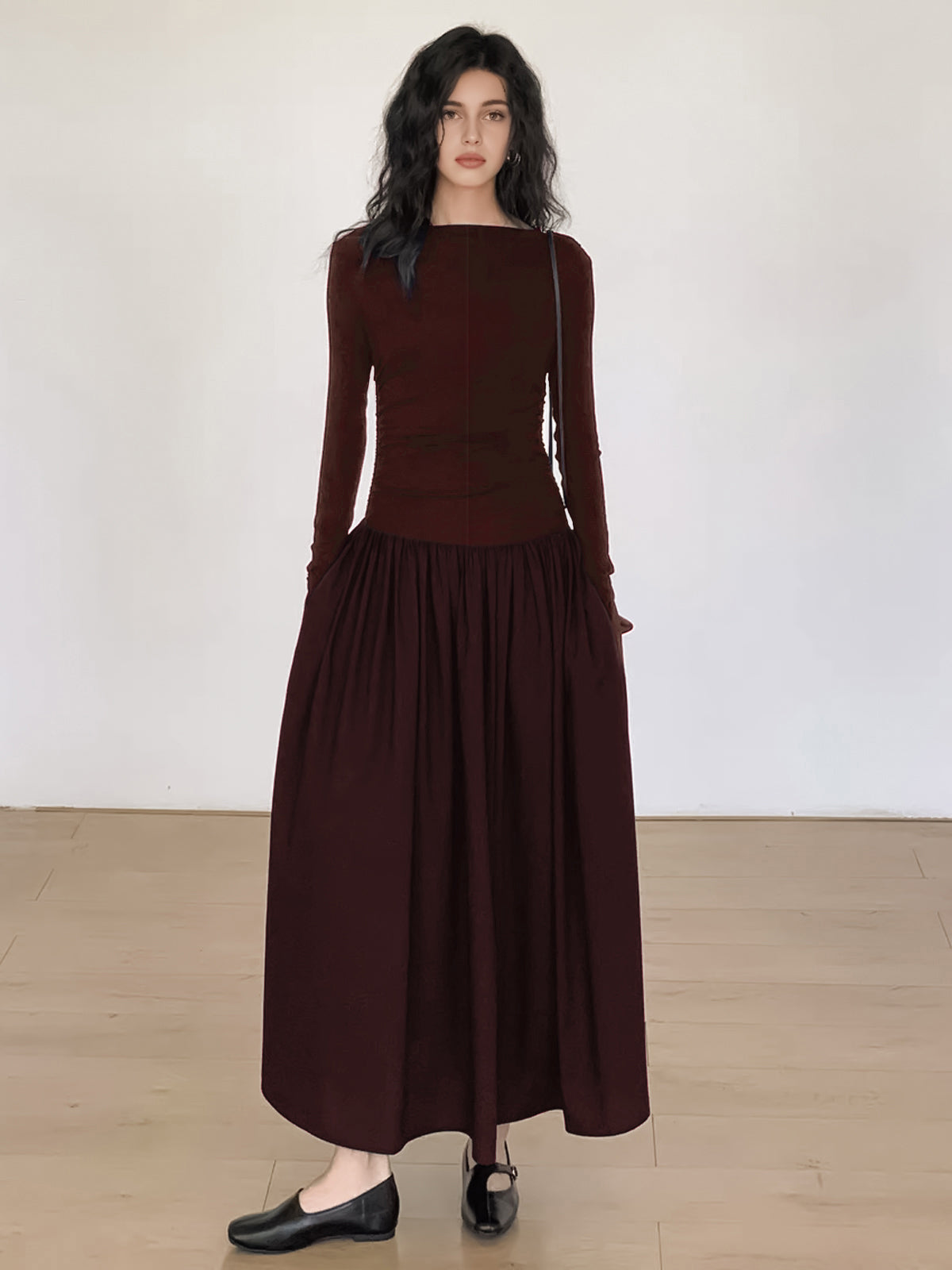 Pleated Boat Neck Midi Dress in Burgundy — Svelte Chic