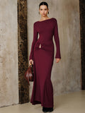 Ruched Asymmetric Neck Maxi Dress in Burgundy — Svelte Chic