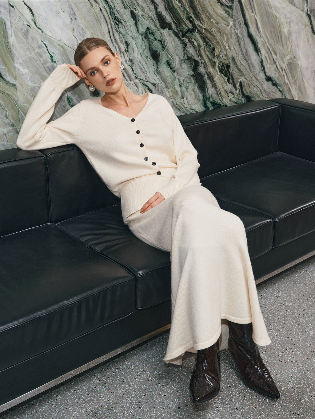 V-Neck Button Cardigan and Maxi Skirt Set in Off-White — Svelte Chic