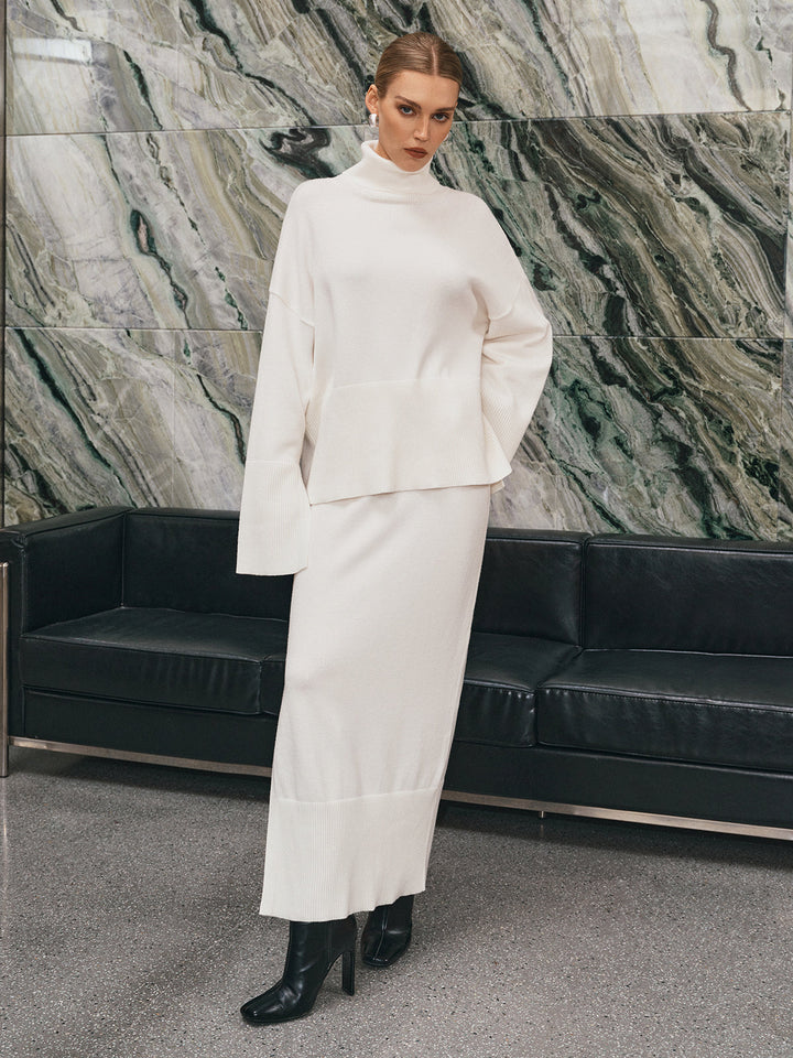 oversize boğazlı örgü üst ve maksi etek takımı