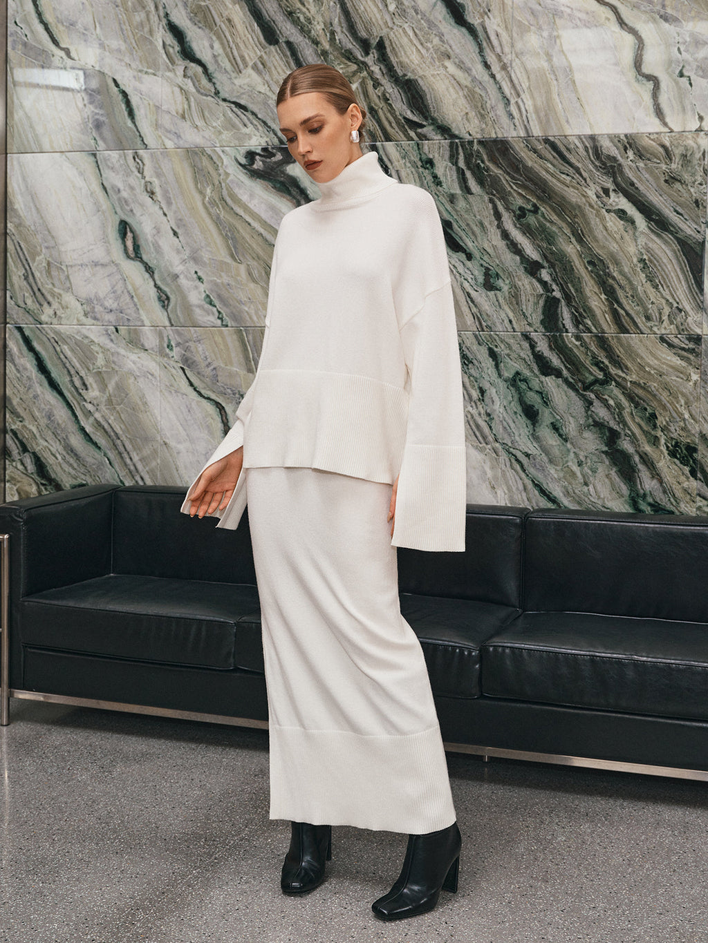 Oversized Turtleneck Knit and Maxi Skirt Set in White — Svelte Chic