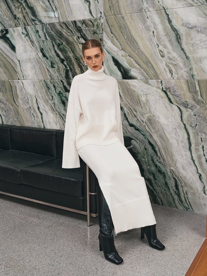 oversize boğazlı örgü üst ve maksi etek takımı