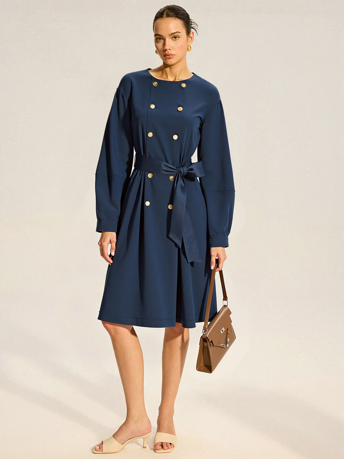 Double Breasted Belted Trench Coat in Navy — Svelte Chic