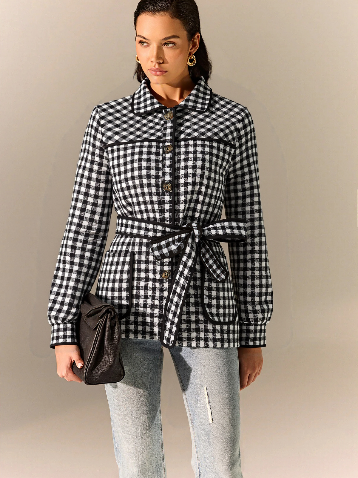Belted Check Collar Jacket in Black — Svelte Chic