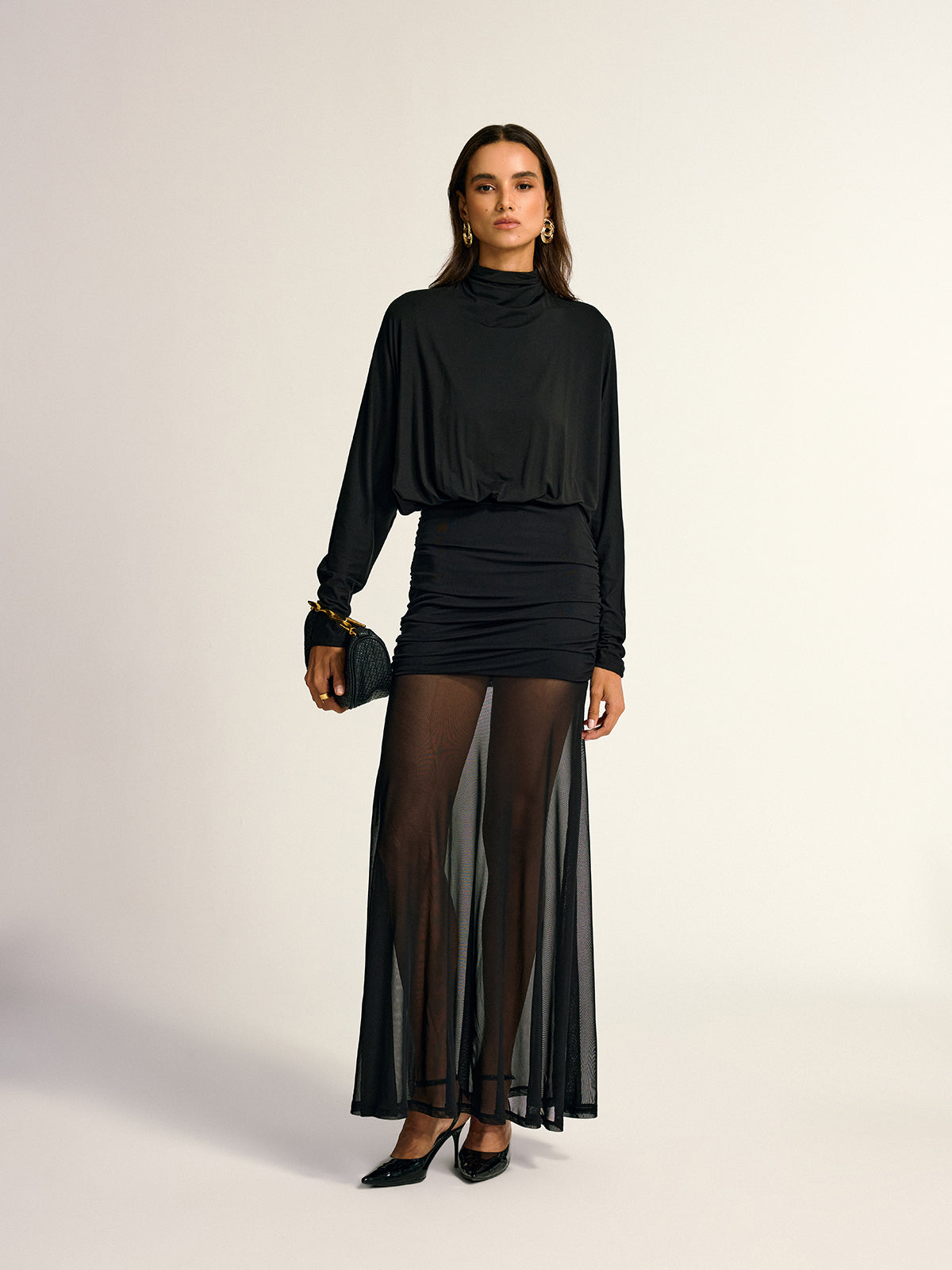 Mock Neck Draped Mesh Maxi Dress in Black — Svelte Chic