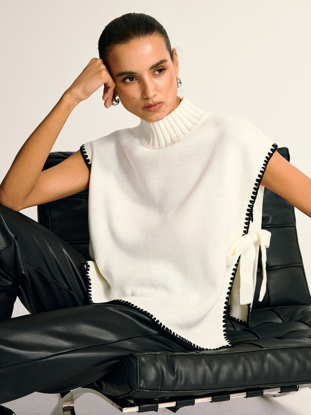 Contrast Trim Side Bow Knit Vest in White — Svelte Chic