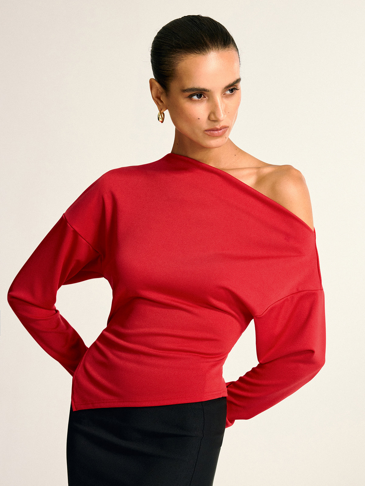 Asymmetric One Shoulder Blouse in Red — Svelte Chic