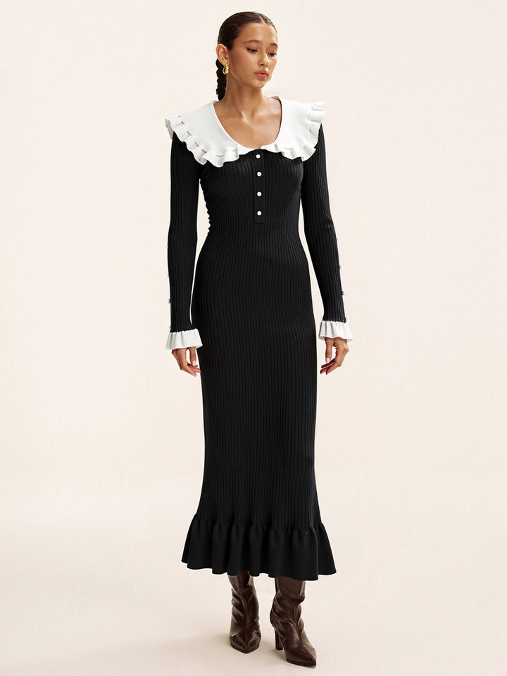 Kontrast Düğümlü Yaka Penye Midi Elbise