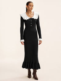 Kontrast Düğümlü Yaka Penye Midi Elbise